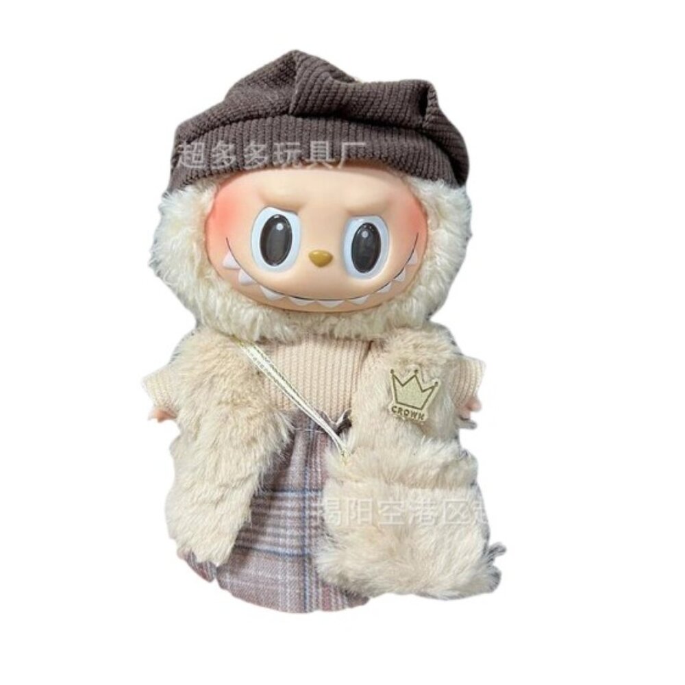 Labubu Plush Clothes Beige FAUX FUR 5pc Stylish Dress Outfit– No DOLL 5pcs
